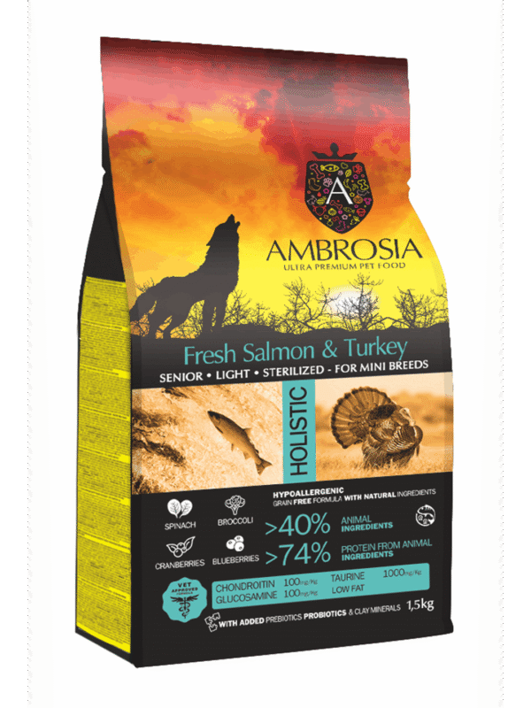 Ambrosia Grain Free Adult Mini Senior Light Sterilized Fresh Salmon & Turkey 1.5kg